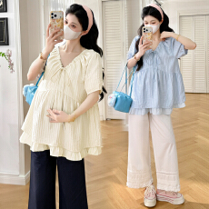 批发实拍~<b class='q'>夏</b>季法式V领抽绳宽松孕妇娃娃衫上衣