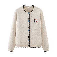 批发实拍撞色圆领针织<b class='q'>开衫</b>女2025秋新款设计感卡通刺绣毛衣外短款上衣