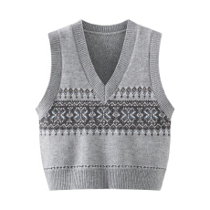 批发实拍实价费尔岛针织衫25冬季新款女装几何纹提花无袖V领毛衣马甲