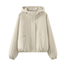 批发实拍2026初春季新款休闲连帽拉链卡其色外套夹克复古短款薄女M