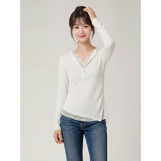 批发实拍Léa莉亚白色蕾丝假两件长袖T恤女2026春季新款打底衫上衣显瘦