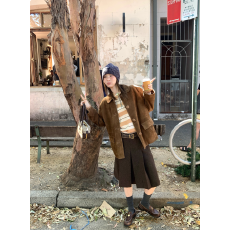 批发暖棕羊毛斜纹肌理A字百褶裙<b class='q'>复古</b>显瘦毛呢半身裙