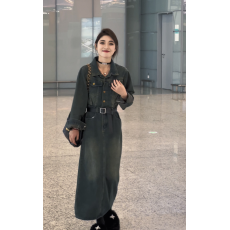 批发复古牛仔连衣裙长款女港味polo领收腰显瘦春装新款短袖气质长裙子