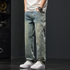 批发美式复古水洗做旧牛仔裤男潮牌宽松直筒裤<b class='q'>春</b>夏款薄款弹力哈伦裤子