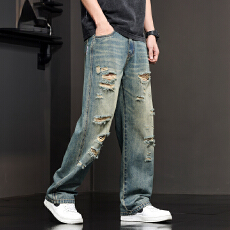 批发美式复古水洗做旧牛仔裤男潮牌宽松直筒裤<b class='q'>春</b>夏款薄款弹力哈伦裤子