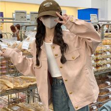 批发粉色麂皮绒短外套女<b class='q'>春</b>秋2025新款韩系学院风甜美减龄休闲夹克开衫