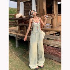 批发复古童趣风牛仔背带裤女2025新款设计感显瘦宽松慵懒风工装拖地裤