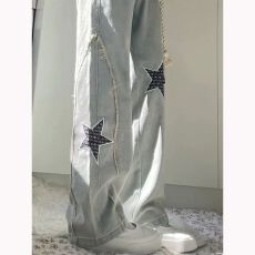 批发五星美式高街复古直筒裤牛仔裤女男宽松高腰显瘦阔腿<b class='q'>长裤</b>子秋季潮