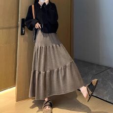 批发咖色半身裙女春秋季2025新款小个子a字<b class='q'>高腰</b>垂感中长款蓬蓬蛋糕裙