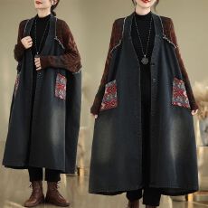 批发民族风复古针织拼接宽松大码牛仔外套女遮肉显瘦过膝长款<b class='q'>牛仔风</b>衣