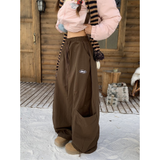 批发美式棕色弯刀<b class='q'>休闲裤</b>女生秋冬款潮牌宽松直筒阔腿加绒加厚裤子