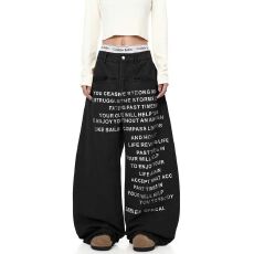 批发美式复古字母印花辣妹直筒牛仔裤女秋季新款设计感高腰显瘦阔腿裤