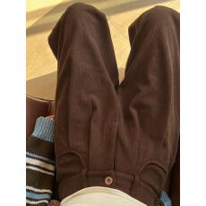 批发棕色时尚感灯芯绒<b class='q'>西装</b>裤女秋冬2025新款加绒高腰针织休闲阔腿裤