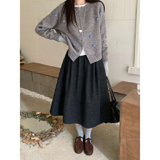 批发韩版深灰色毛呢松紧腰半身裙女秋冬新款中长款休闲A字伞裙蓬蓬裙