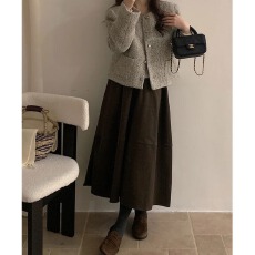 批发深灰色羊毛呢半身裙女秋冬2025新款松紧高腰休闲a字花苞长裙