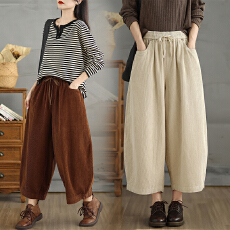 批发大码胖mm灯芯绒九分阔腿裤女秋冬新款复古休闲宽松高腰显瘦哈伦裤