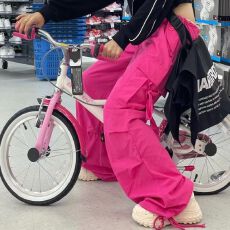 批发玫红色美式高街工装裤男女<b class='q'>休闲</b>长裤夏季低腰宽松直筒阔腿裤子个性