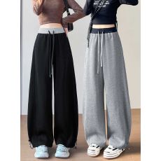 批发华棉复合藏青色美式运动卫裤女秋新款拼接高腰抽绳阔腿弯刀裤