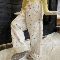 批发加厚<b class='q'>秋</b>冬款彩色波点拼接羊羔毛棉裤冬季宽松夹棉防寒长裤