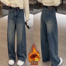 批发加绒高品质遮肉阔腿<b class='q'>牛仔裤</b>女早秋新款显瘦弯刀裤小个子香蕉裤子