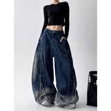 批发美式复古扣子弯刀裤牛仔裤<b class='q'>女</b>宽松垂感休闲阔腿裤设计<b class='q'>感</b>拖地裤<b class='q'>长裤</b>