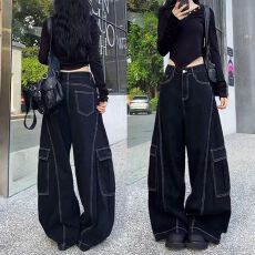 批发港风复古显瘦明线设计感帅气牛仔裤<b class='q'>女</b>宽松街头风宽松阔腿<b class='q'>工装裤</b>