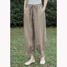 批发春夏季新款纯棉文艺复古休闲裤显瘦棉麻花边拼接<b class='q'>九分</b>休闲<b class='q'>哈伦裤</b>