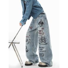 美式卡通涂鸦牛仔裤女春季高街设计感阔腿裤子复古垂感直筒拖地裤