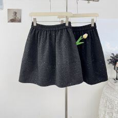 批发600克毛呢面料 氛围闪闪拼接茧型花苞毛呢中裙女高腰蓬蓬半身裙