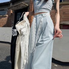 批发<b class='q'>蕾丝</b><b class='q'>西装</b>裤阔腿裤女夏季薄款高腰宽松直筒显瘦窄版休闲裤九分裤子