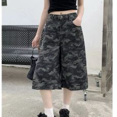 批发美式复古<b class='q'>迷彩</b>七分<b class='q'>裤</b>子女夏季爆款高腰直筒阔腿休闲宽松<b class='q'>裤</b>子ins潮