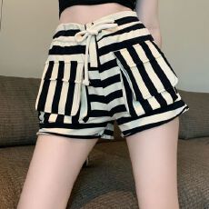 批发高腰条纹短裤女夏季松紧腰宽松阔腿裤外穿<b class='q'>显瘦</b><b class='q'>运动</b>A字辣妹热裤子