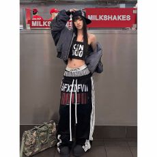 批发好质量 原版起版 阔腿裤女春季双腰头宽松直筒长裤黑色运动卫裤子