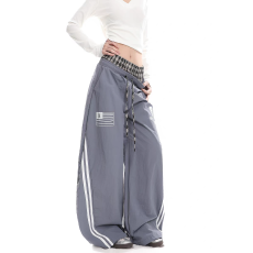 批发美式复古休闲格子拼接抽绳阔腿裤女春夏街头运动风字母印花宽松裤