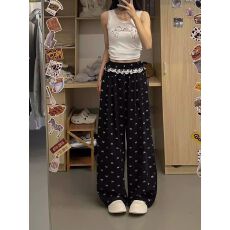 批发美式复古蕾丝边裤头休闲裤女夏季春<b class='q'>秋</b>垂感拼接蝴蝶结印花阔腿裤子