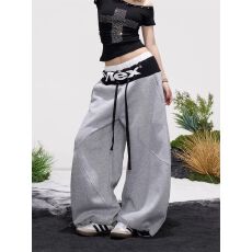 批发双裤头拼色弯刀裤大版型 阔腿搭配卫裤女2026春夏宽松抽绳<b class='q'>休闲裤</b>