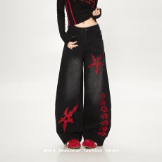 批发街头美式刺绣水洗弯刀<b class='q'>牛仔裤</b>男<b class='q'>女</b>宽松阔腿跳舞小众设计长裤