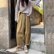 批发卡其色工装裤女夏梨形身材薄款松紧腰阔腿裤子九分休闲萝卜<b class='q'>哈伦</b>裤