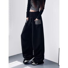 批发【华棉 立体腰】<b class='q'>大码</b>阔腿裤女秋季梨型身材拼接格子口袋运动裤