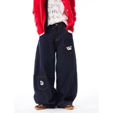 批发复古水洗丹宁蓝色裁剪弯刀<b class='q'>牛仔</b>裤男女宽松阔腿字母印花拖地休闲裤