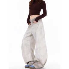 批发今年流行扎染阔腿美式高街垂感牛仔<b class='q'>裤</b>女2026夏季新款高腰宽松<b class='q'>显瘦</b>