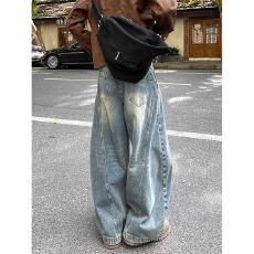 批发美式复古弯刀裤男女小众设计感阔腿宽松痞帅高街<b class='q'>牛仔</b>裤情侣长裤