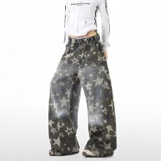 批发美式复古迷彩满印星星<b class='q'>牛仔</b>弯刀裤男女宽松潮牌解构直筒阔腿裤