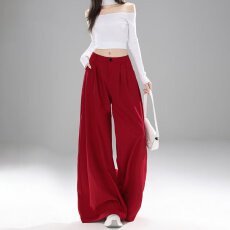 批发中国红窄版阔腿裤女夏季高腰复古垂感直筒休闲裤高级感系带<b class='q'>西装</b>裤