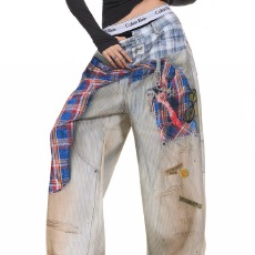 批发重磅3D数码印花民族纹衬衫<b class='q'>牛仔</b>裤女潮流嘻哈个性宽松休闲阔腿长裤