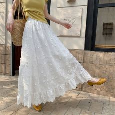 批发设计感立体小花刺绣白色半身长裙女夏季2026新款绝美气质大摆伞裙