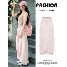 批发<b class='q'>雨</b>琦同款粉色条纹束脚灯笼裤女夏季薄款宽松直筒速干运动阔腿裤
