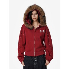 批发美式复古铆钉毛领连帽开衫外套秋新款拉链上衣