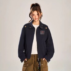 批发斜纹复合双层刺绣复古翻领哈灵顿男女同款夹克<b class='q'>秋</b>季短外套休闲女
