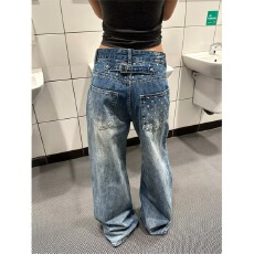 批发春季新款美式水洗铆钉<b class='q'>牛仔裤</b><b class='q'>女</b>低腰设计感高腰宽松直筒阔腿拖地裤